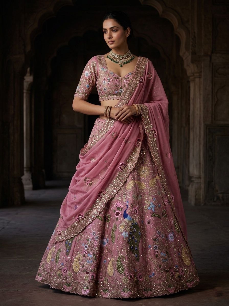 Luxury Pink Peacock Embroidered Bridal Lehenga Choli Set with Dupatta