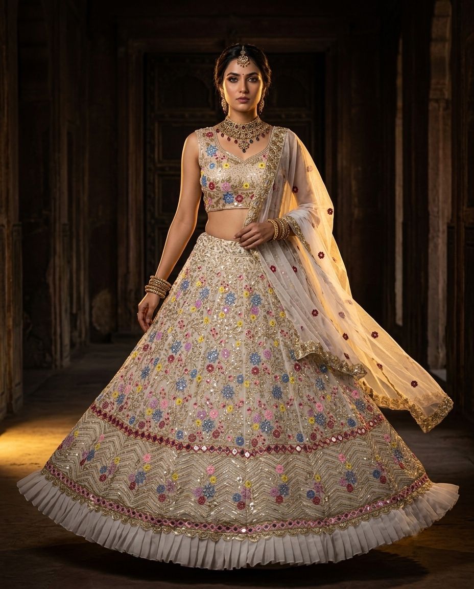 Ivory & Gold Floral Lehenga Choli with Dupatta, Luxury Bridal Lehenga, Engagement & Reception Outfit