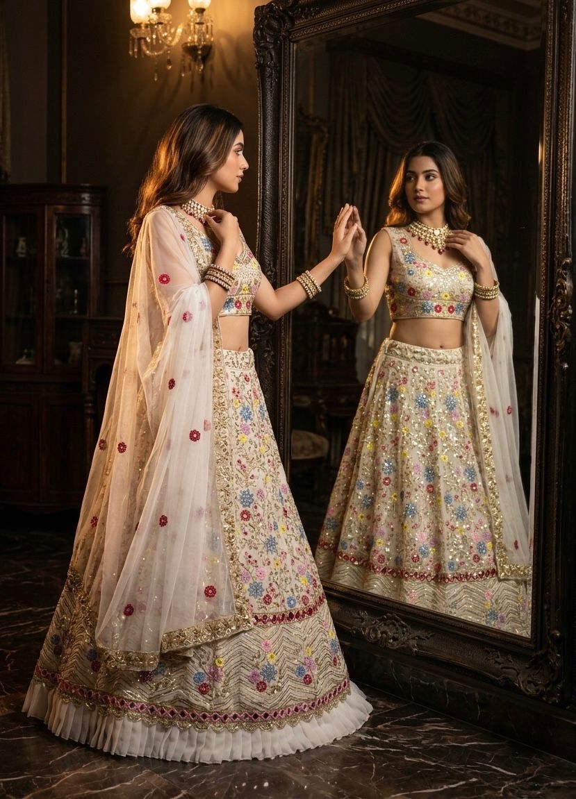 Beige Floral Lehenga Choli