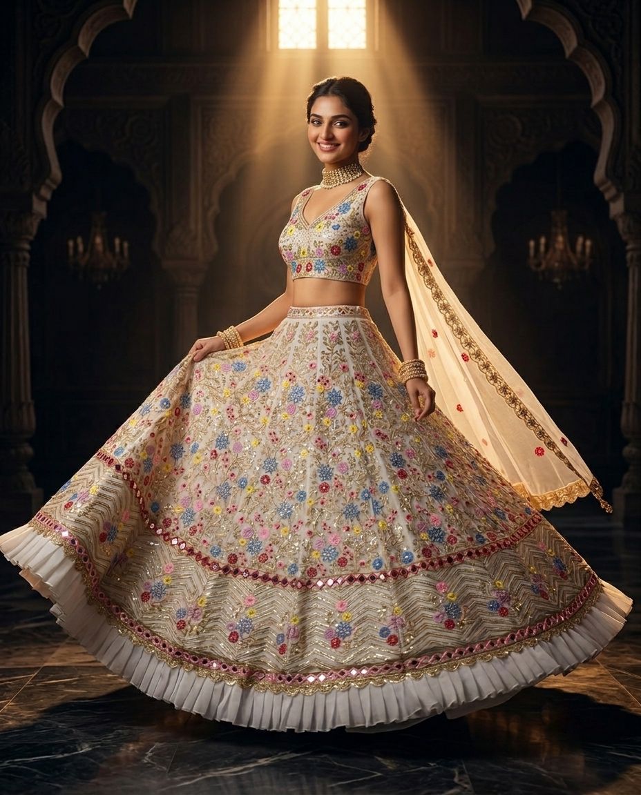 Pastel Bloom Hand-Embroidered Wedding Lehenga in Ivory
