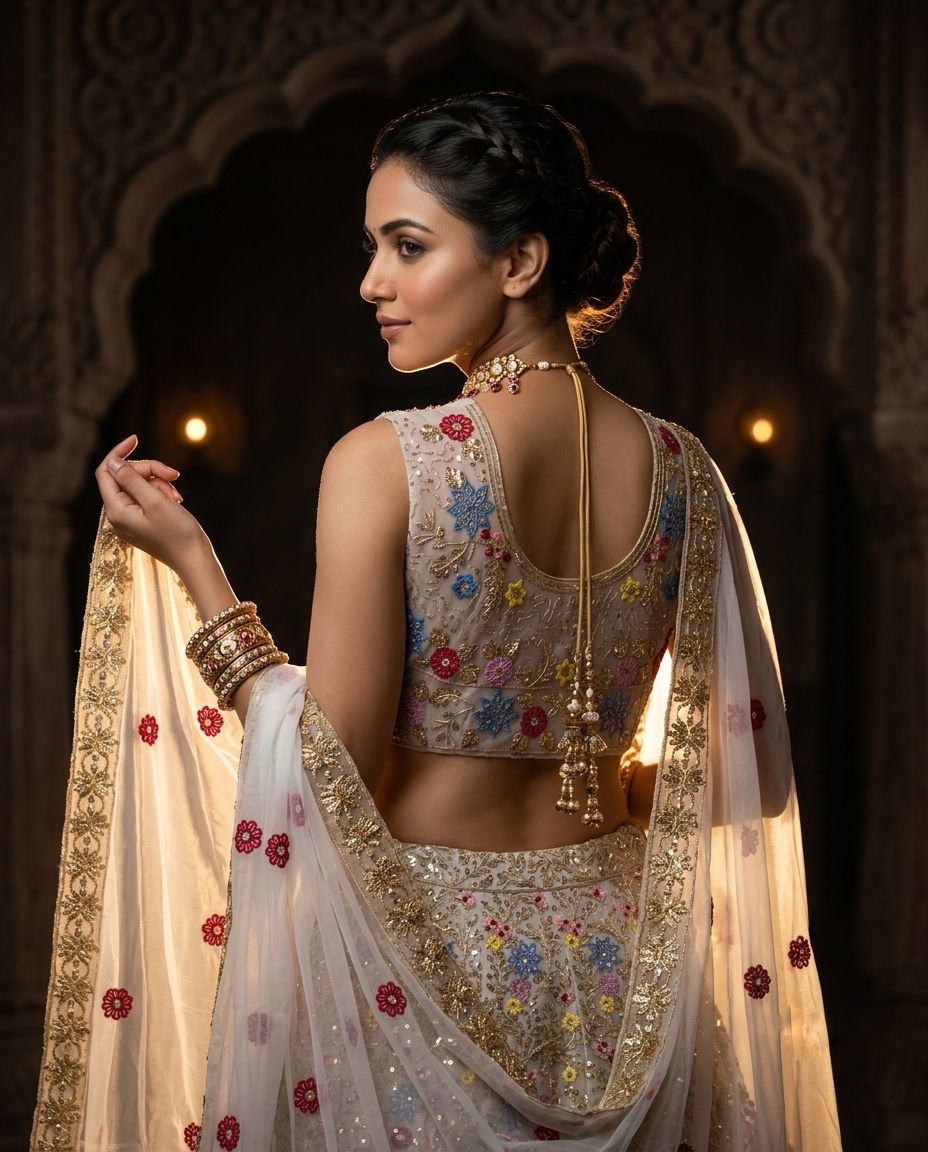 Ivory & Gold Floral Lehenga Choli with Dupatta, Luxury Bridal Lehenga, Engagement & Reception Outfit