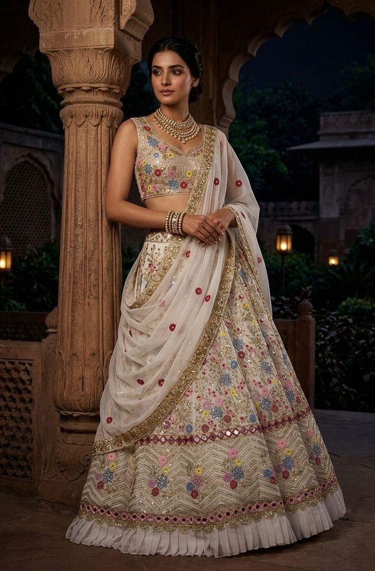 Pastel Bloom Hand-Embroidered Wedding Lehenga in Ivory