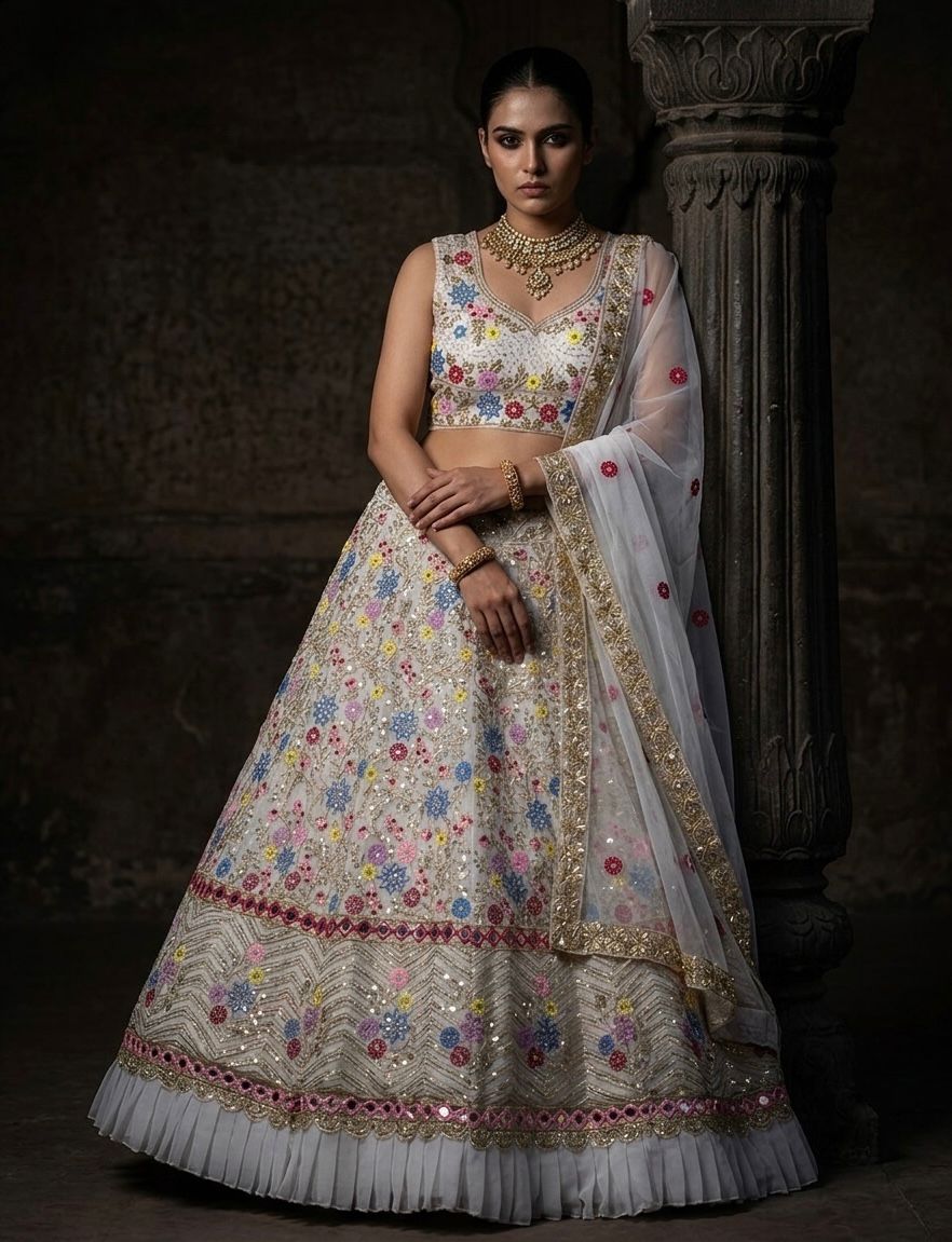 Ivory & Gold Floral Lehenga Choli with Dupatta, Luxury Bridal Lehenga, Engagement & Reception Outfit