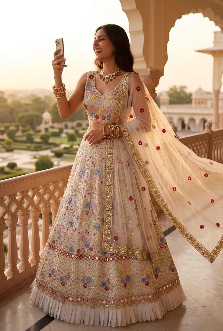 Pastel Bloom Hand-Embroidered Wedding Lehenga in Ivory