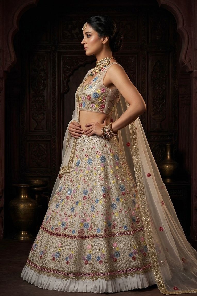 Pastel Bloom Hand-Embroidered Wedding Lehenga in Ivory