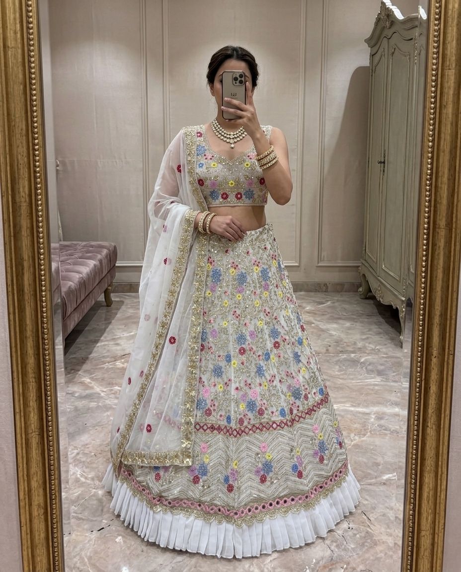 Ivory & Gold Floral Lehenga Choli with Dupatta, Luxury Bridal Lehenga, Engagement & Reception Outfit