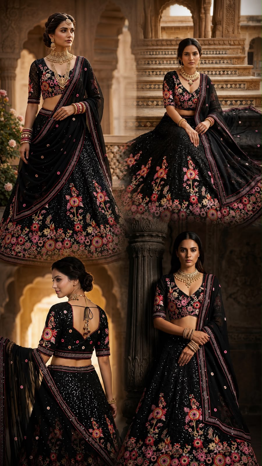 Black Designer Lehenga Choli with Floral Embroidery & Dupatta