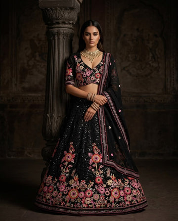 Black Designer Lehenga Choli with Floral Embroidery & Dupatta