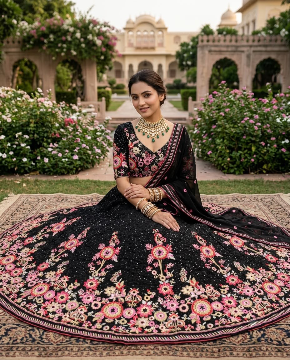 Black Designer Lehenga Choli with Floral Embroidery & Dupatta
