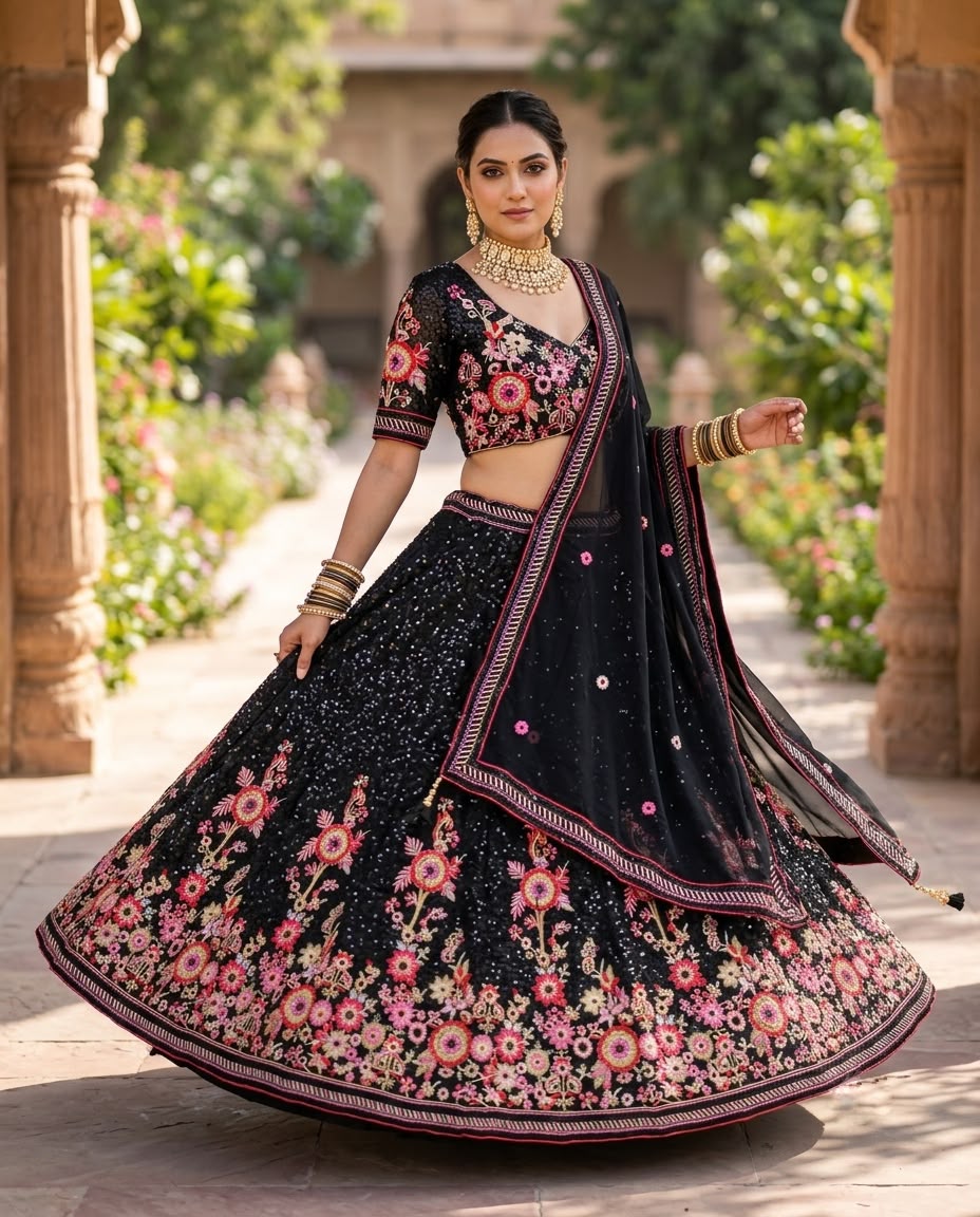 Black Designer Lehenga Choli with Floral Embroidery & Dupatta