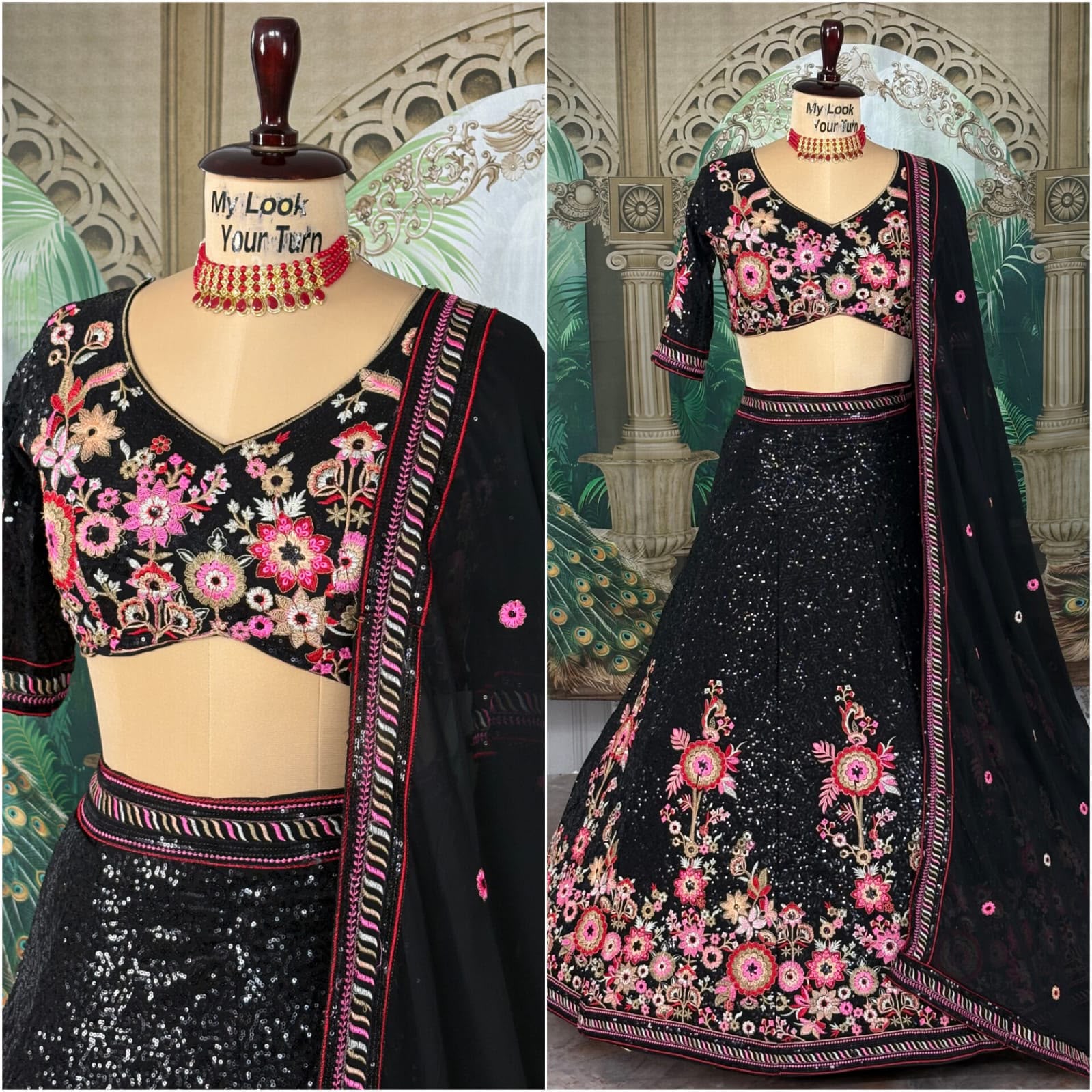Black Designer Lehenga Choli with Floral Embroidery & Dupatta