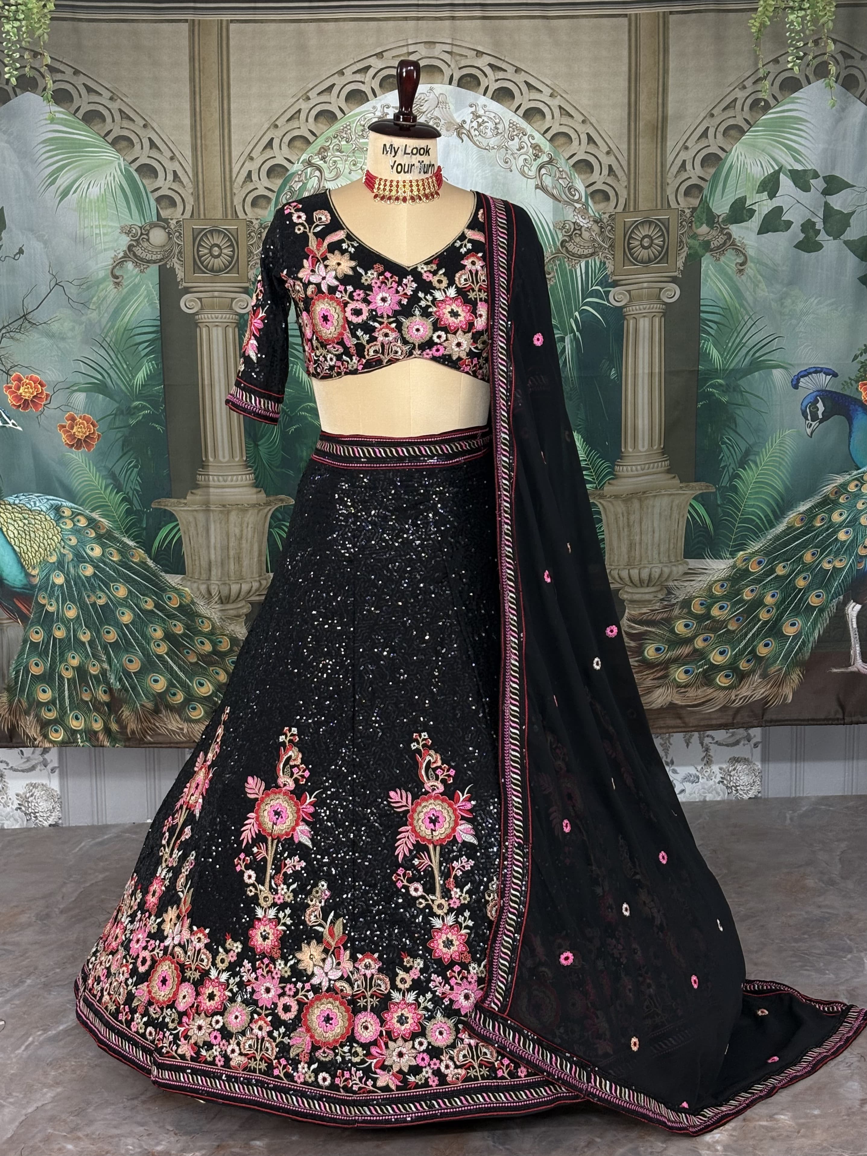 Black Designer Lehenga Choli with Floral Embroidery & Dupatta