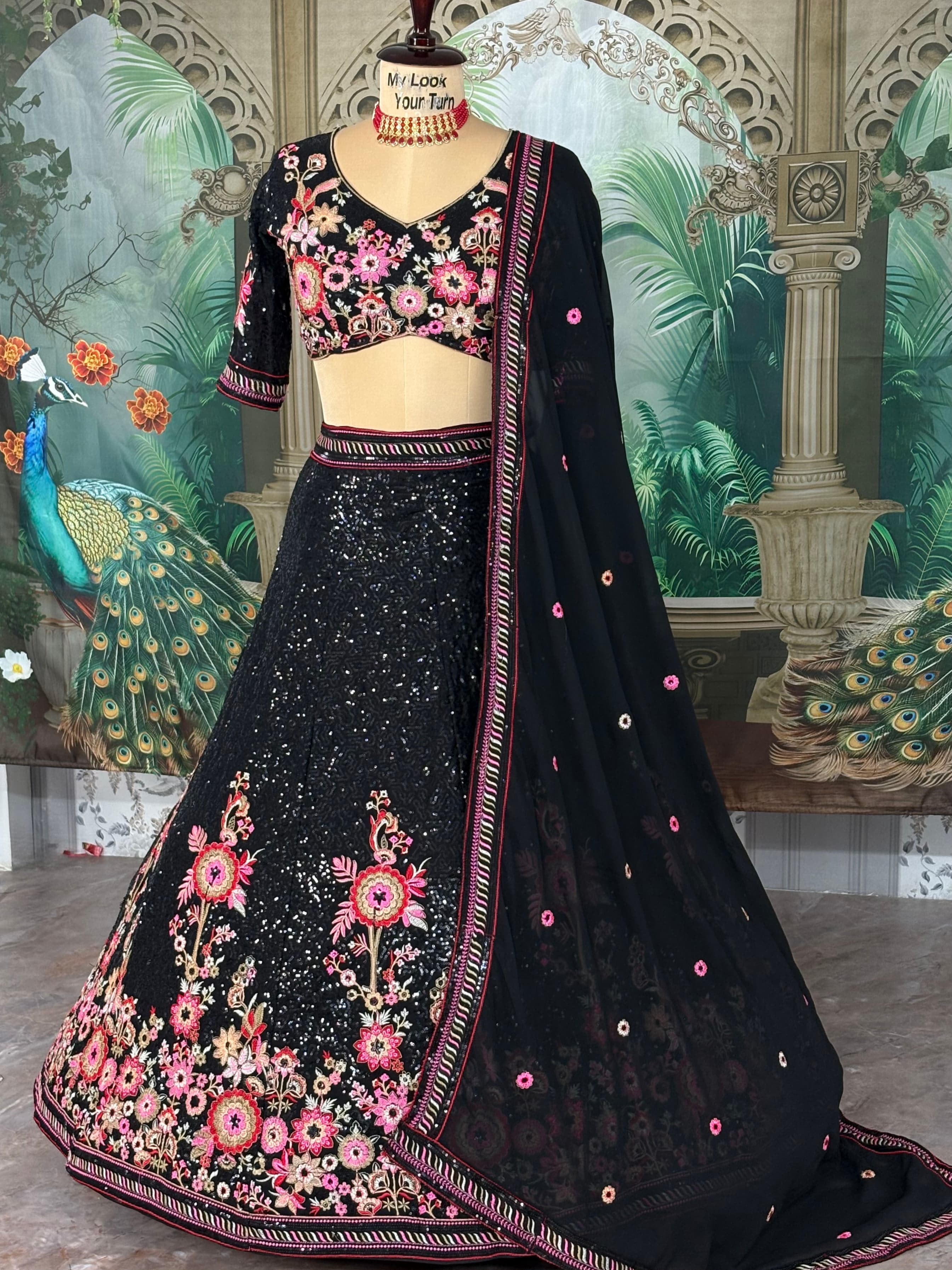 Black Designer Lehenga Choli with Floral Embroidery & Dupatta
