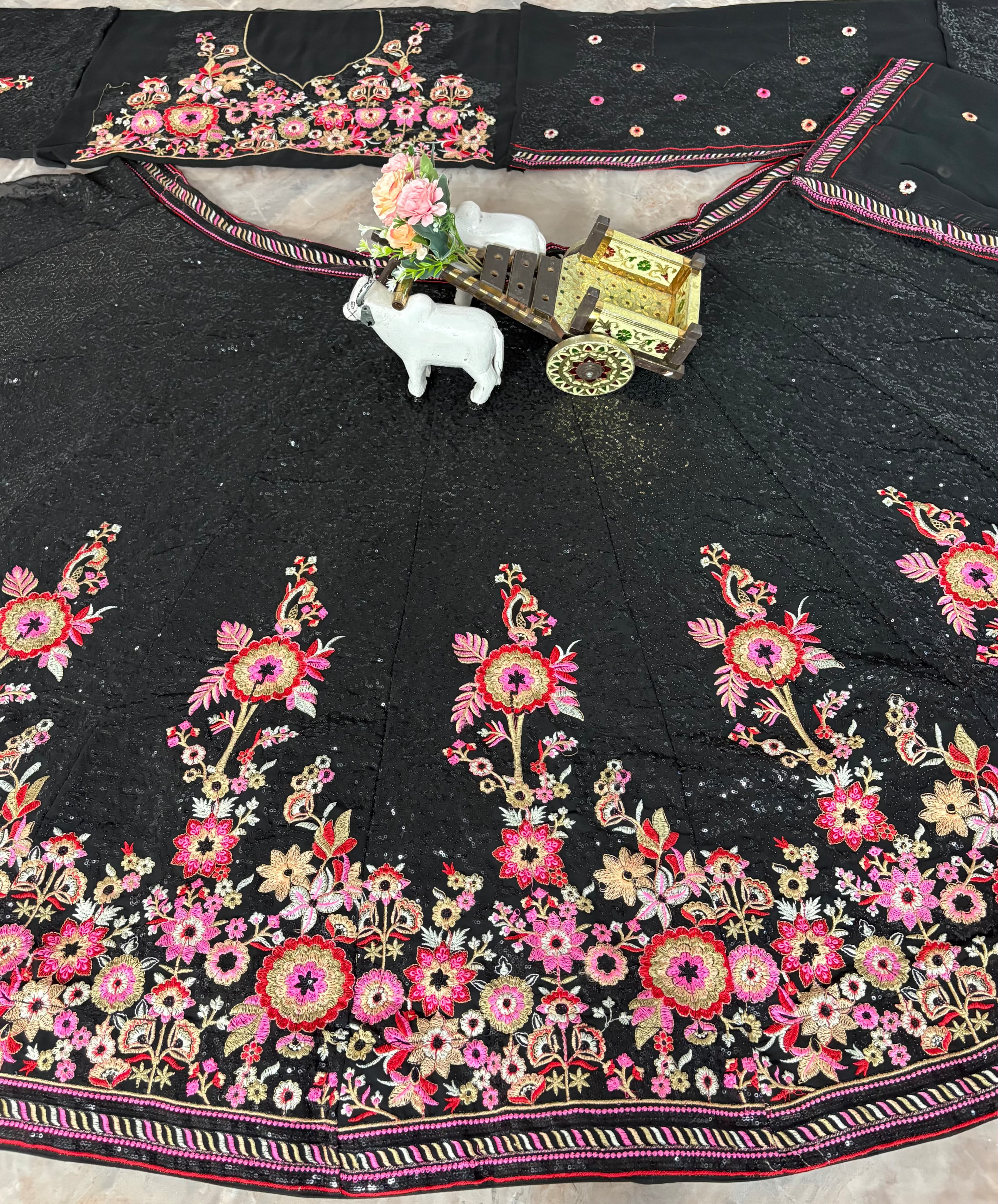 Black Designer Lehenga Choli with Floral Embroidery & Dupatta