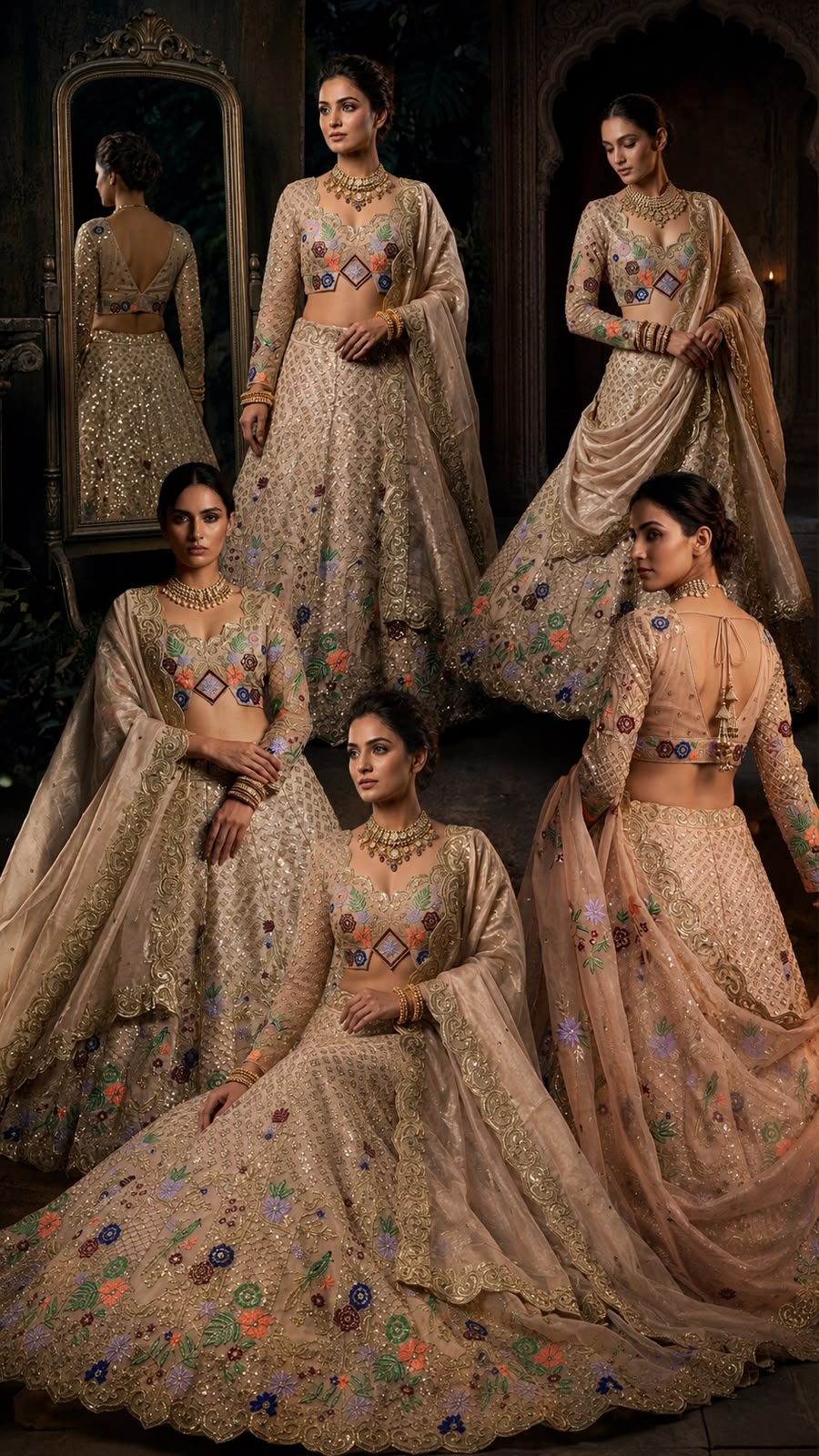 Champagne Gold Floral Embroidered Lehenga Set, Indian Bridal Lehenga, Wedding Reception Outfit, Designer Ethnic Wear