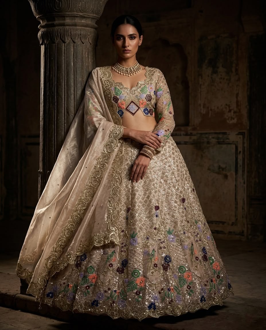 Champagne Gold Floral Embroidered Lehenga Set, Indian Bridal Lehenga, Wedding Reception Outfit, Designer Ethnic Wear