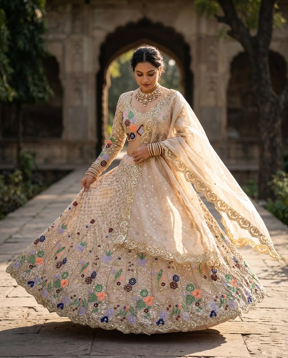 Champagne Gold Floral Embroidered Lehenga Set, Indian Bridal Lehenga, Wedding Reception Outfit, Designer Ethnic Wear