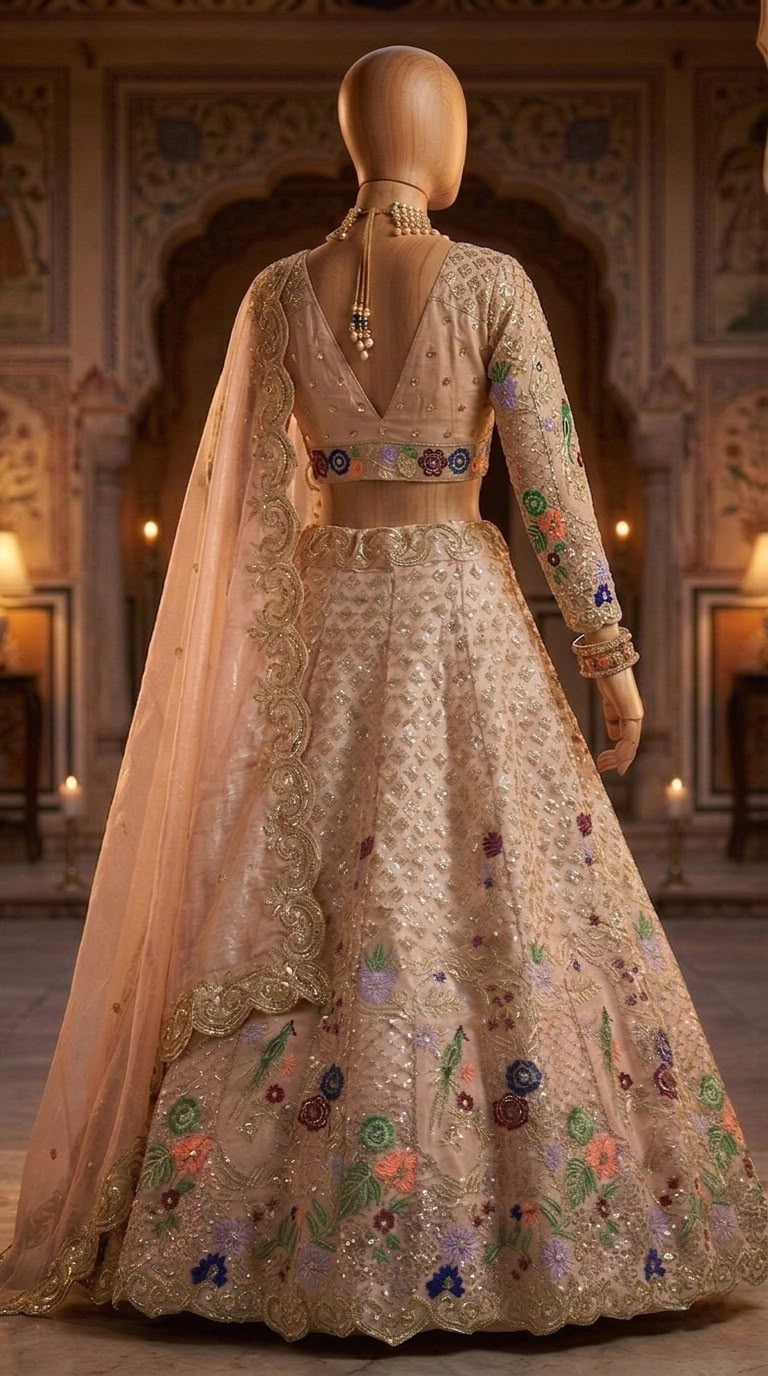 Champagne Gold Floral Embroidered Lehenga Set, Indian Bridal Lehenga, Wedding Reception Outfit, Designer Ethnic Wear