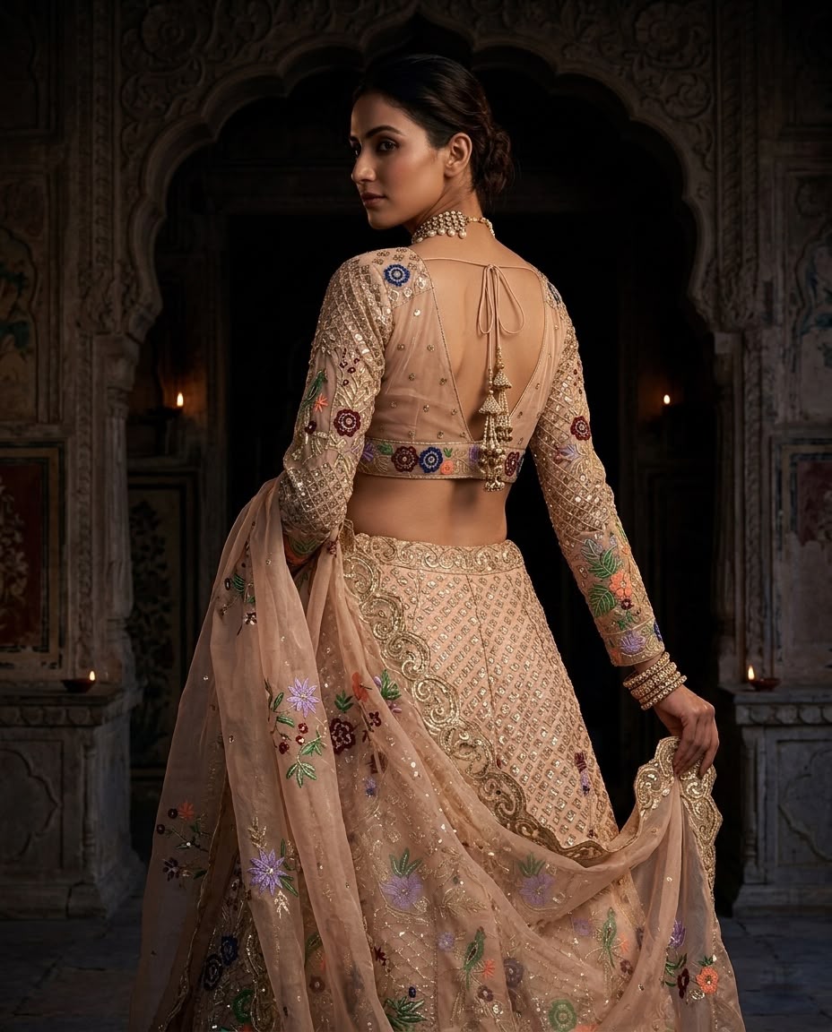 Champagne Gold Floral Embroidered Lehenga Set, Indian Bridal Lehenga, Wedding Reception Outfit, Designer Ethnic Wear