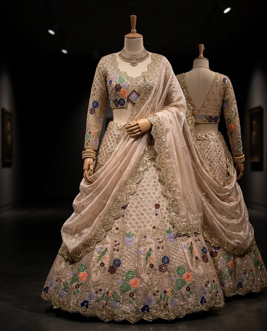 Champagne Gold Floral Embroidered Lehenga Set, Indian Bridal Lehenga, Wedding Reception Outfit, Designer Ethnic Wear