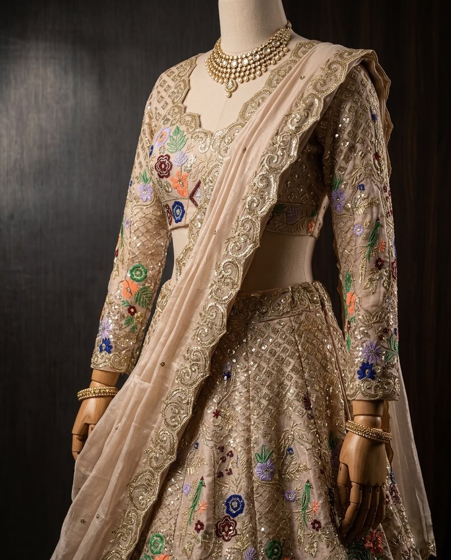 Champagne Gold Floral Embroidered Lehenga Set, Indian Bridal Lehenga, Wedding Reception Outfit, Designer Ethnic Wear