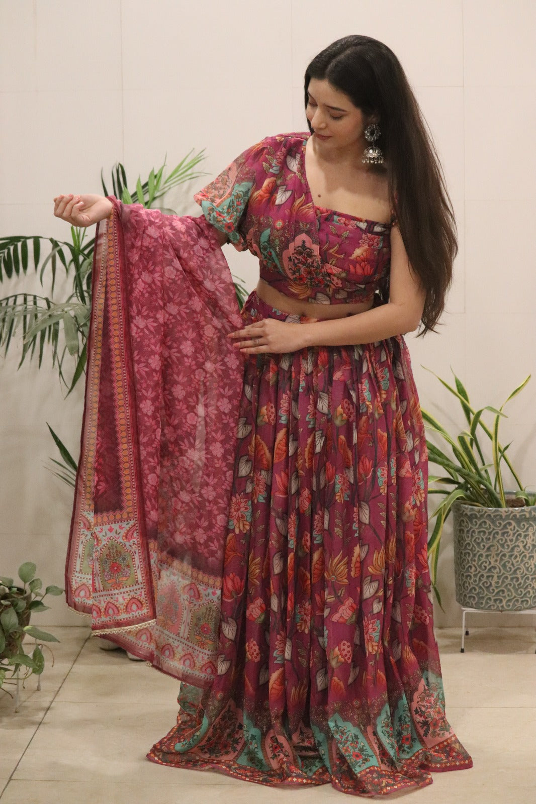 Women's Magenta Floral Printed Georgette Lehenga Choli with Dupatta | Designer Party Wear Ethnic Set