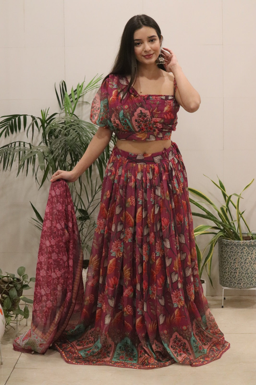 Women's Magenta Floral Printed Georgette Lehenga Choli with Dupatta | Designer Party Wear Ethnic Set