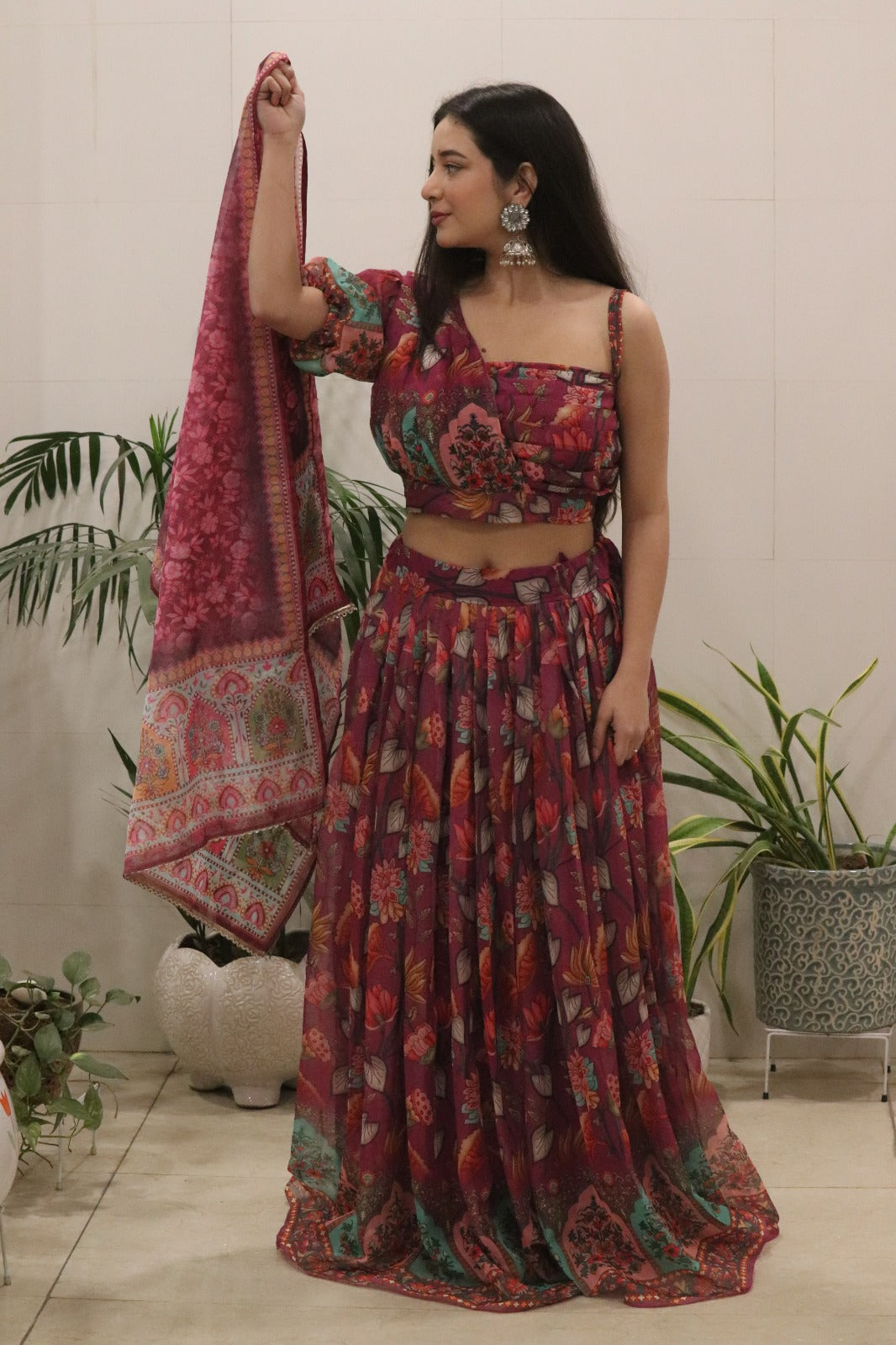 Women's Magenta Floral Printed Georgette Lehenga Choli with Dupatta | Designer Party Wear Ethnic Set