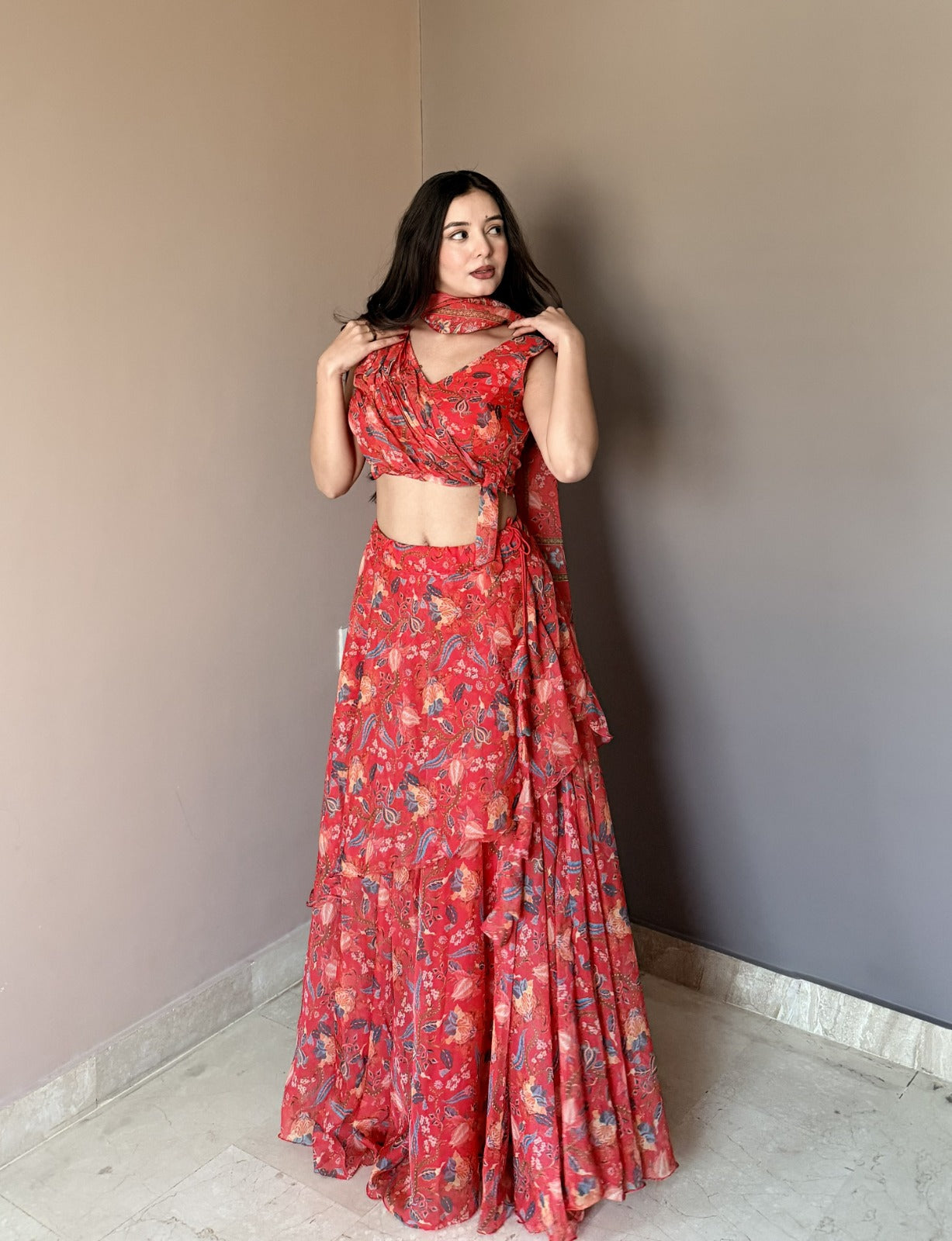 Women's Coral Pink Floral Printed Lehenga Choli with Dupatta | Designer Ruffle Lehenga Set for Wedding, Party & Festive Wear