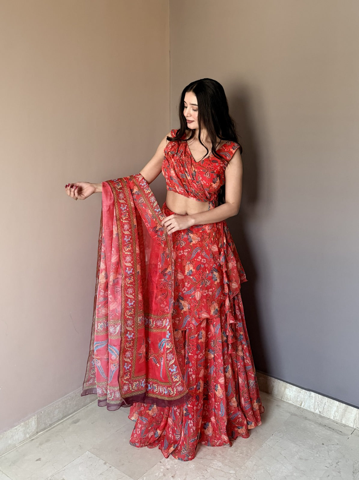 Women's Coral Pink Floral Printed Lehenga Choli with Dupatta | Designer Ruffle Lehenga Set for Wedding, Party & Festive Wear