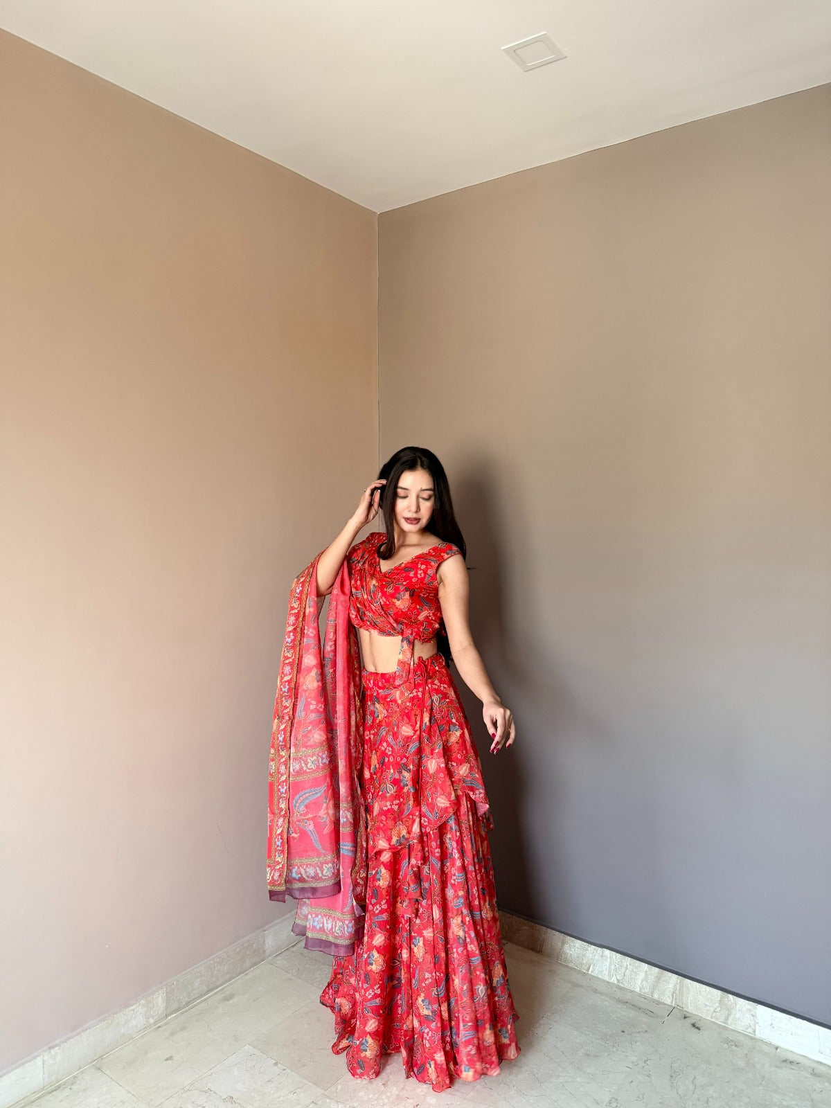 Women's Coral Pink Floral Printed Lehenga Choli with Dupatta | Designer Ruffle Lehenga Set for Wedding, Party & Festive Wear