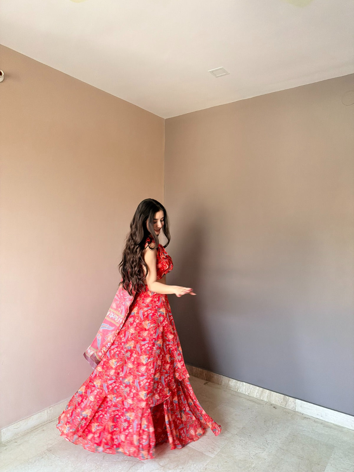 Women's Coral Pink Floral Printed Lehenga Choli with Dupatta | Designer Ruffle Lehenga Set for Wedding, Party & Festive Wear