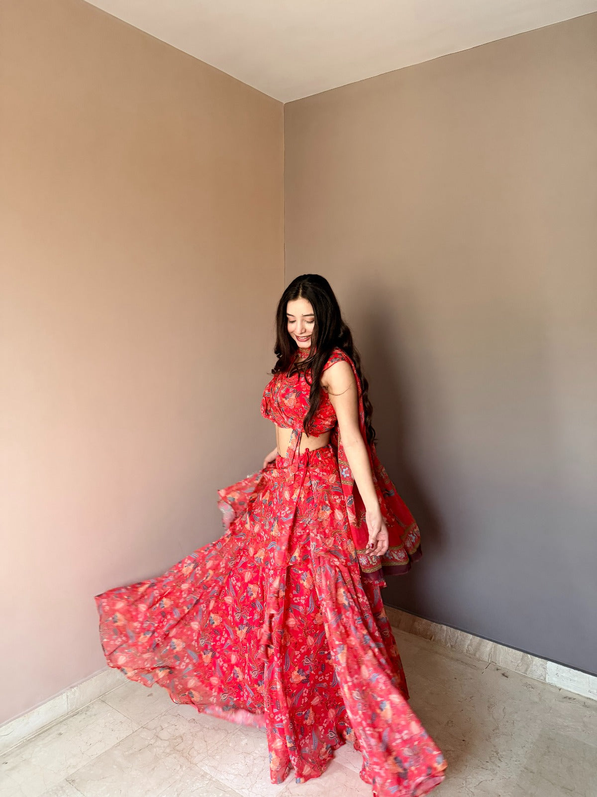 Women's Coral Pink Floral Printed Lehenga Choli with Dupatta | Designer Ruffle Lehenga Set for Wedding, Party & Festive Wear