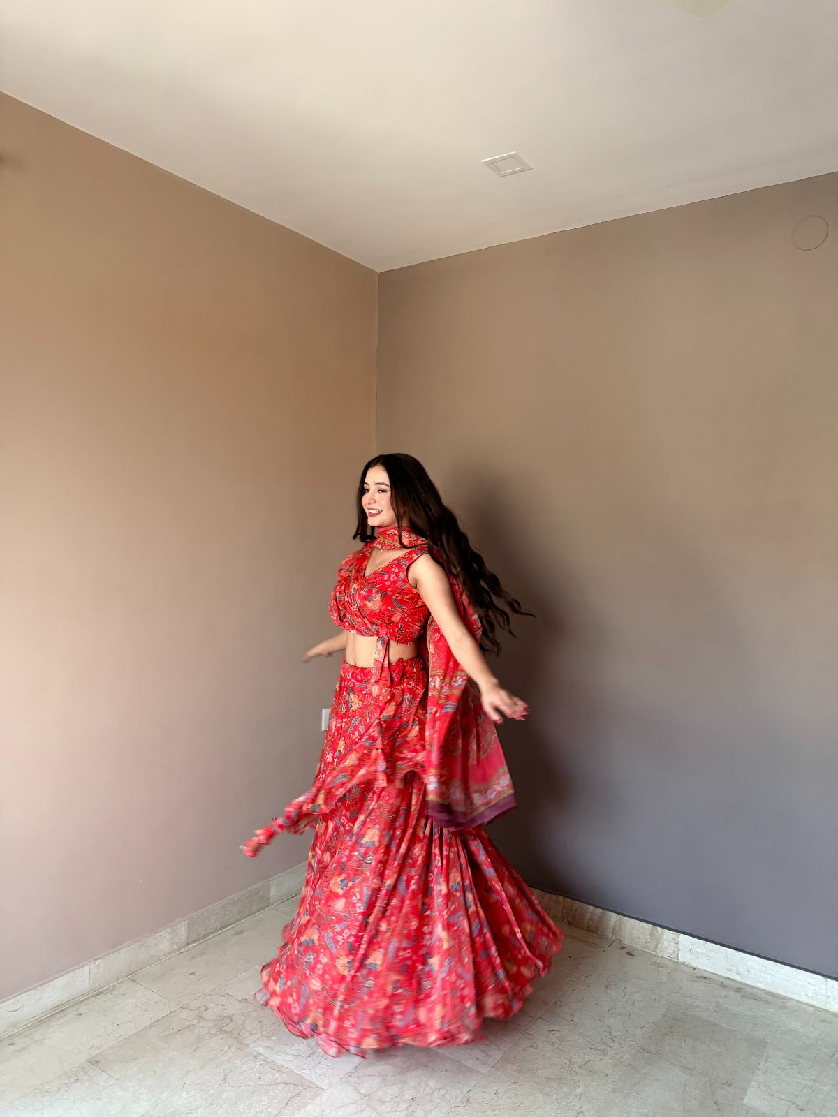 Women's Coral Pink Floral Printed Lehenga Choli with Dupatta | Designer Ruffle Lehenga Set for Wedding, Party & Festive Wear