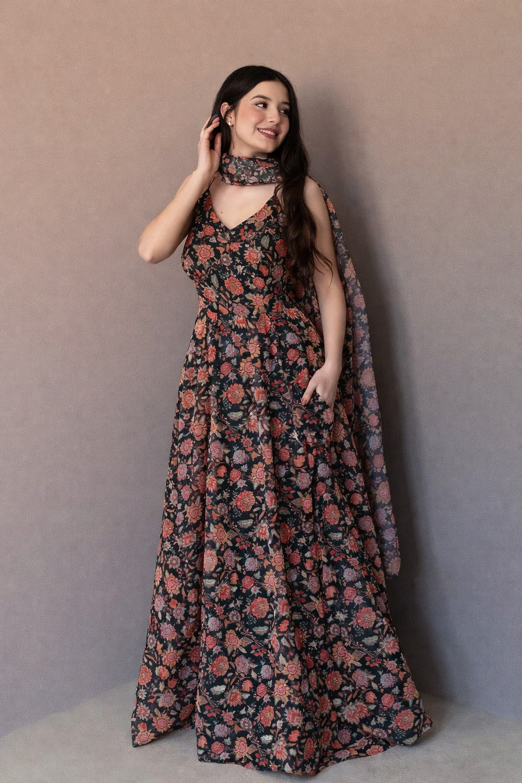 Black Floral Organza Gown