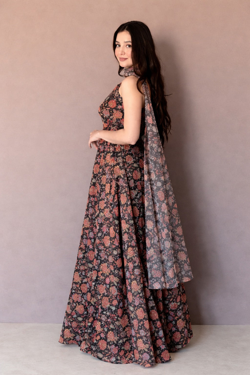 Black Floral Printed Georgette Maxi Dress with Statement Bell Sleeves | House of Rivanya