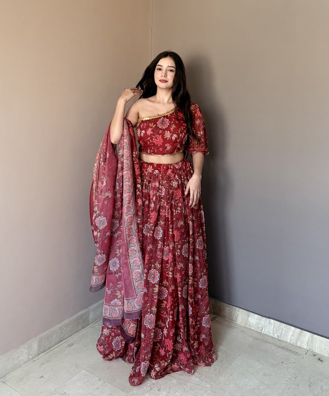 Women's Wine Floral Printed Georgette Lehenga Choli with Dupatta | One Shoulder Party Wear Ethnic Set
