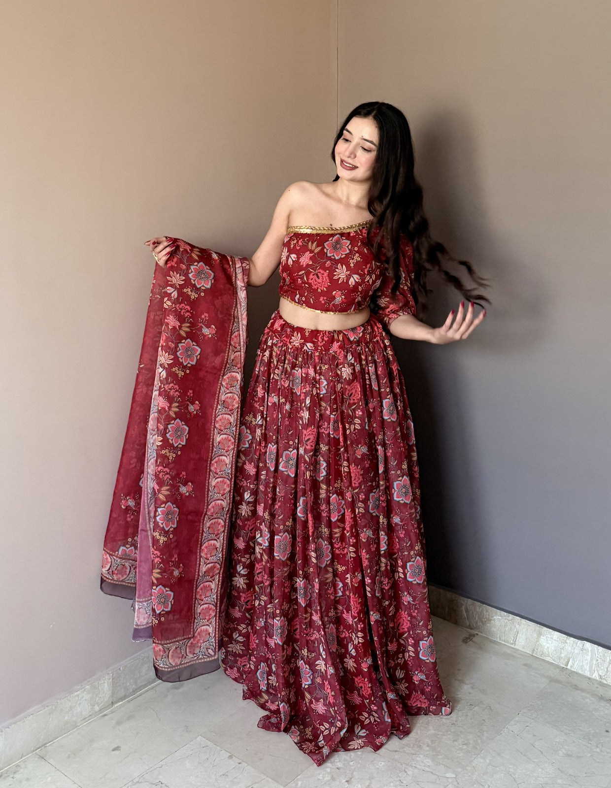 Women's Wine Floral Printed Georgette Lehenga Choli with Dupatta | One Shoulder Party Wear Ethnic Set