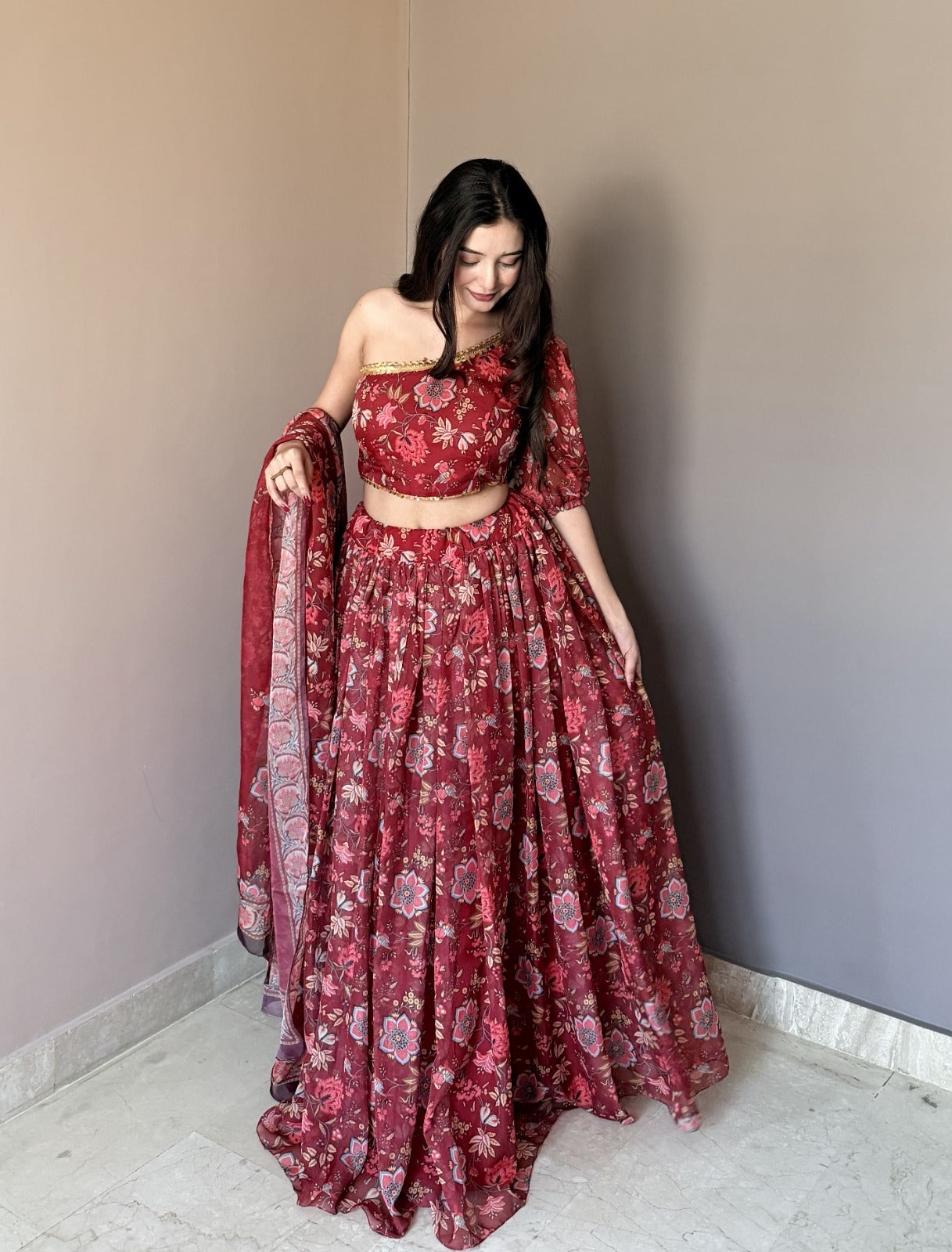 Women's Wine Floral Printed Georgette Lehenga Choli with Dupatta | One Shoulder Party Wear Ethnic Set