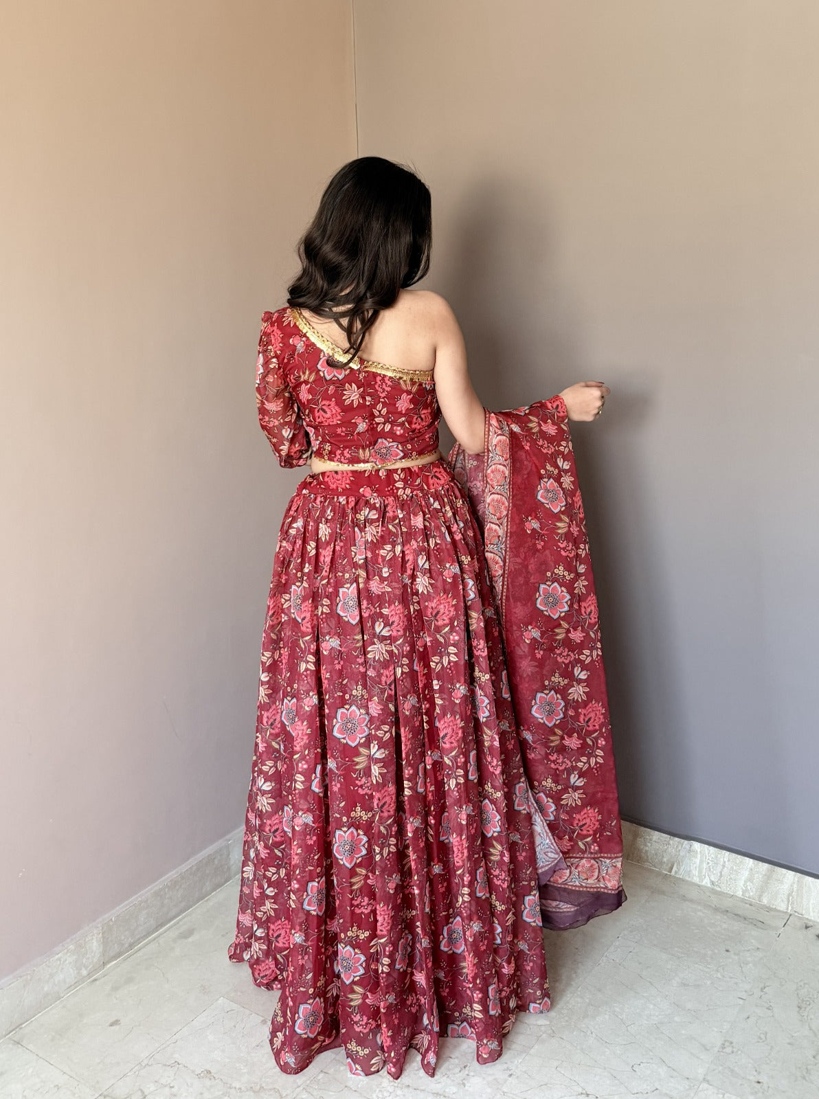 Women's Wine Floral Printed Georgette Lehenga Choli with Dupatta | One Shoulder Party Wear Ethnic Set