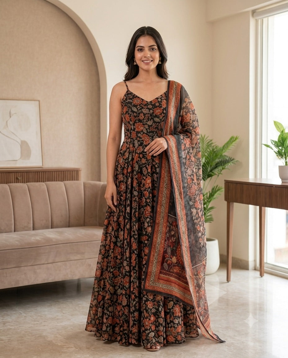 Black Floral Organza Gown