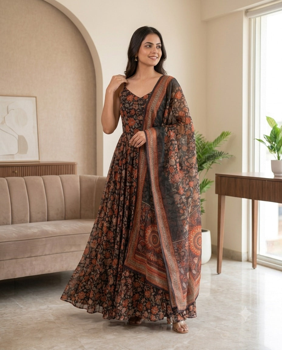 Women's Brown Floral Printed Georgette Anarkali Gown with Dupatta | Sleeveless Ethnic Party Wear
