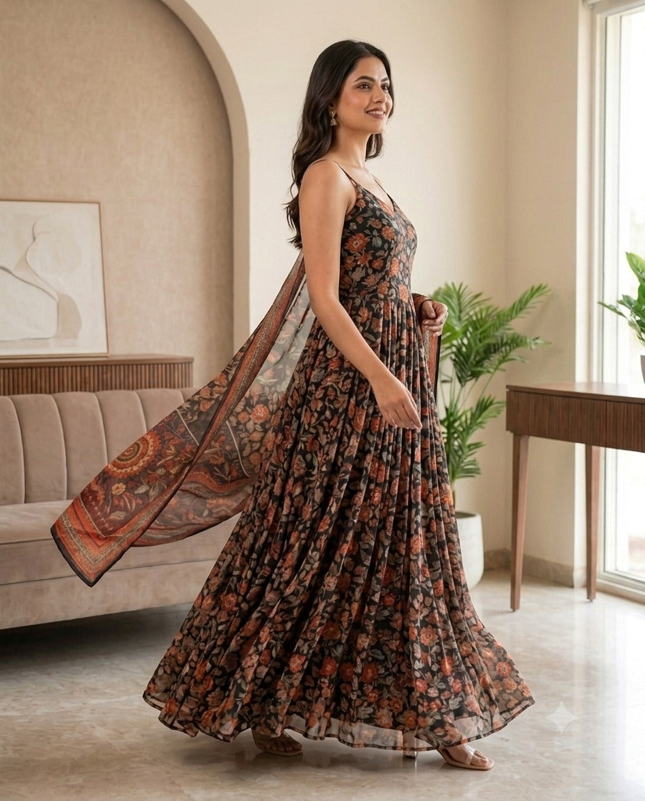 Black Floral Organza Gown