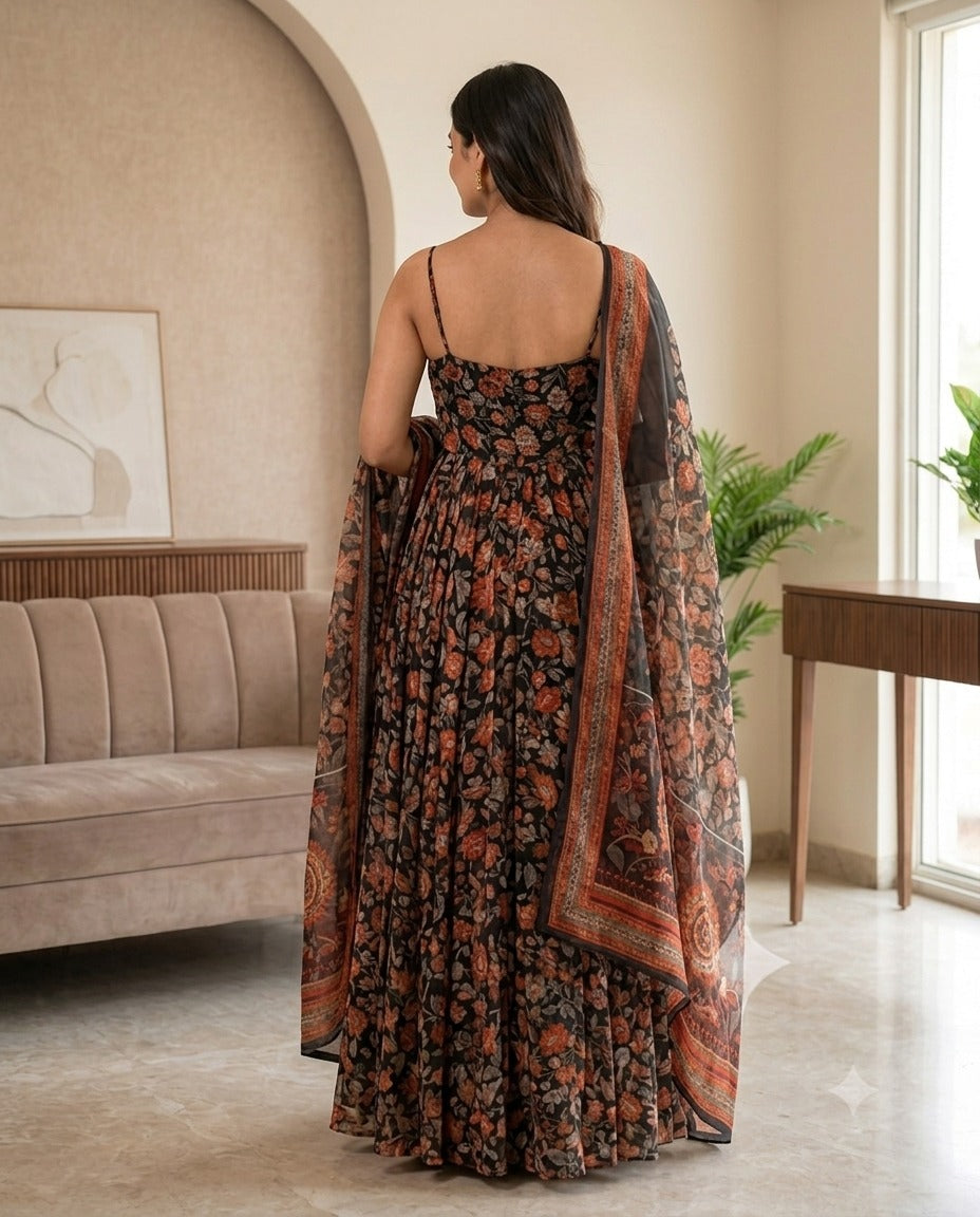 Women's Brown Floral Printed Georgette Anarkali Gown with Dupatta | Sleeveless Ethnic Party Wear