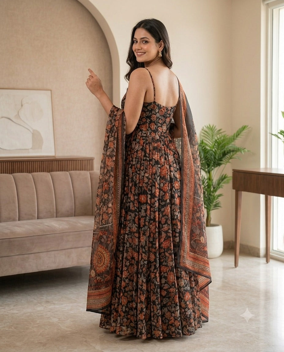 Women's Brown Floral Printed Georgette Anarkali Gown with Dupatta | Sleeveless Ethnic Party Wear