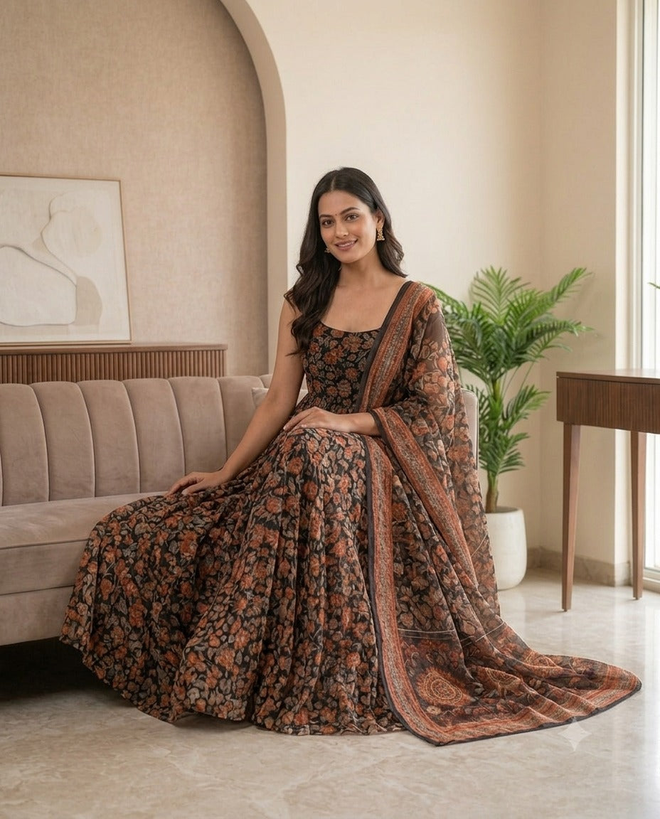 Women's Brown Floral Printed Georgette Anarkali Gown with Dupatta | Sleeveless Ethnic Party Wear