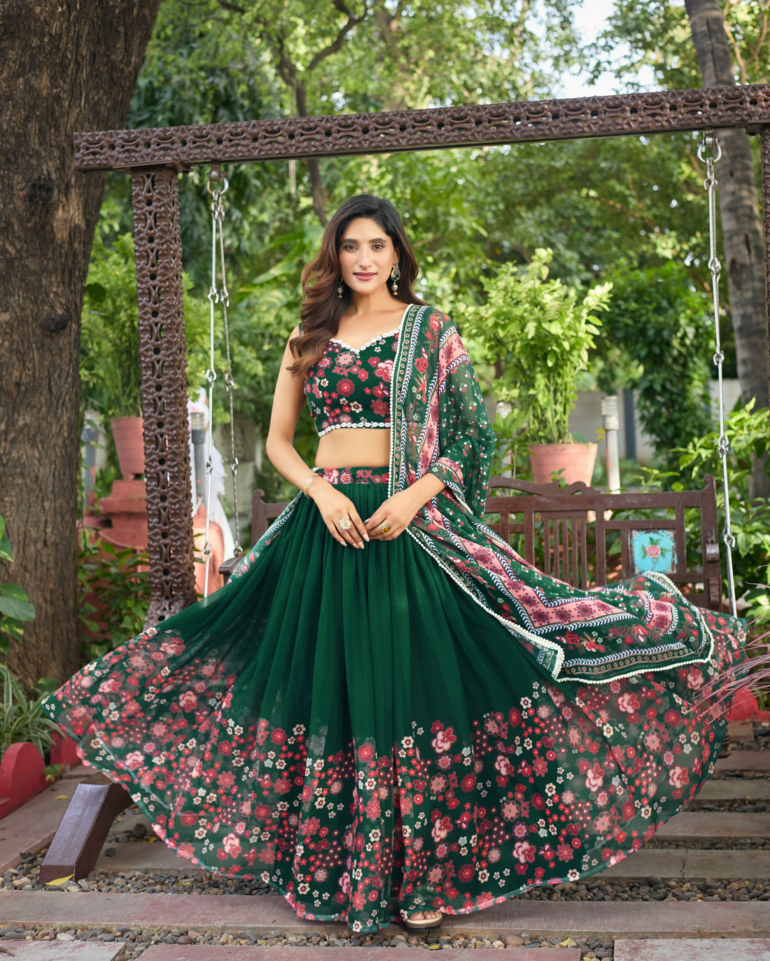 Dark Green Floral Lehenga