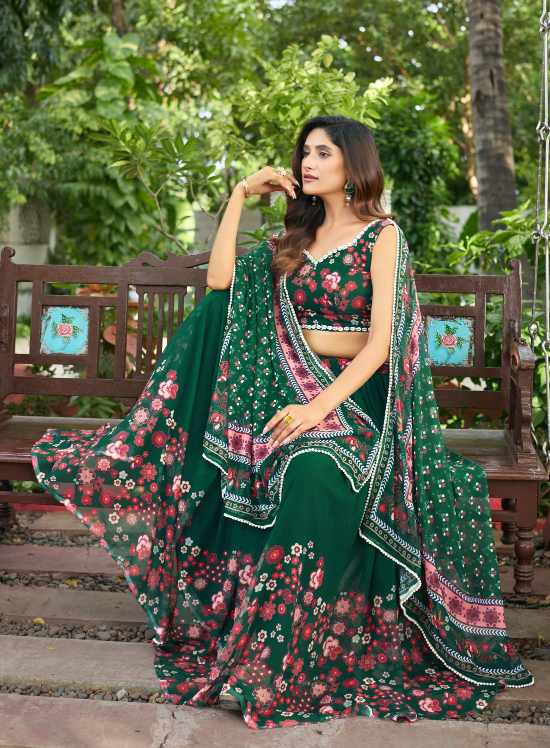 Dark Green Floral Lehenga
