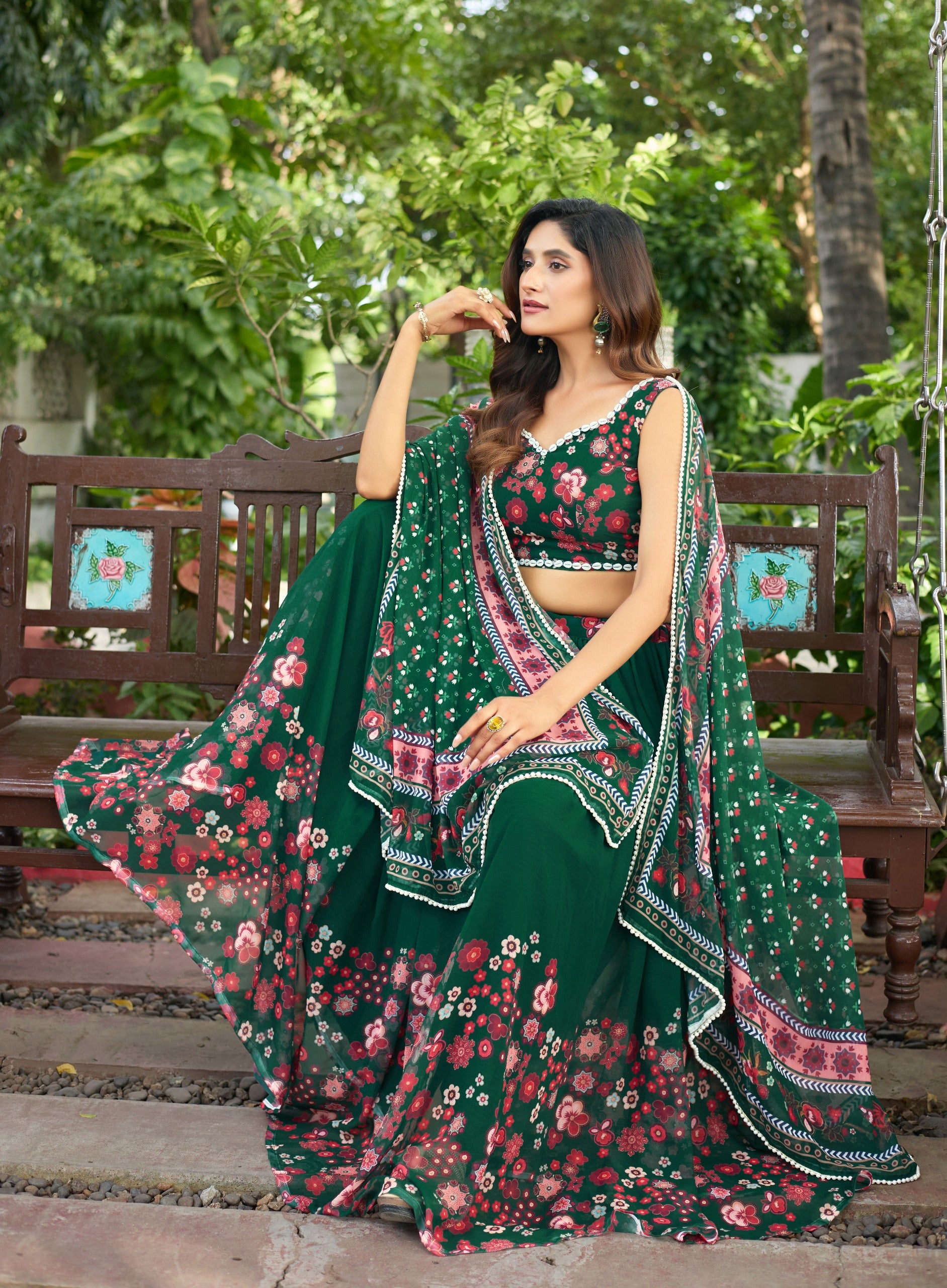 Emerald Green Floral Printed Lehenga Choli Set with Designer Dupatta