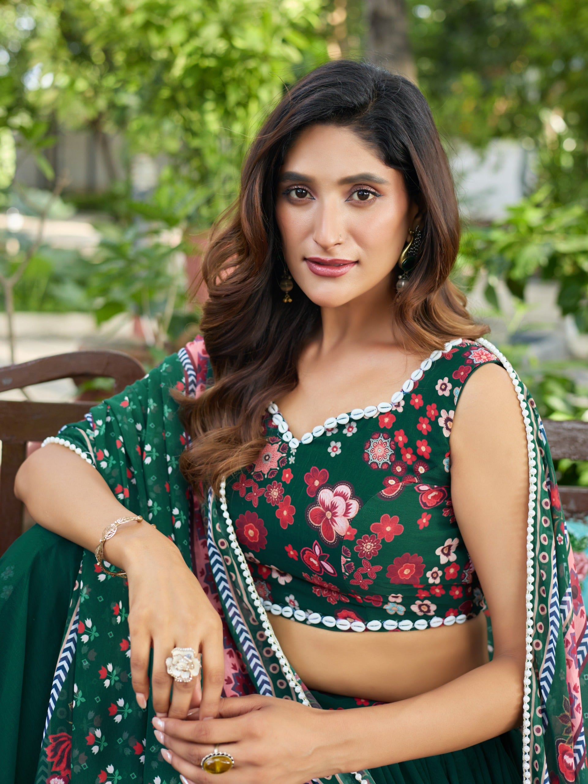 Emerald Green Floral Printed Lehenga Choli Set with Designer Dupatta
